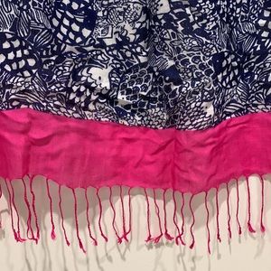 Lilly Pulitzer XL blue and white fish print scarf/wrap with hot pink trim accent